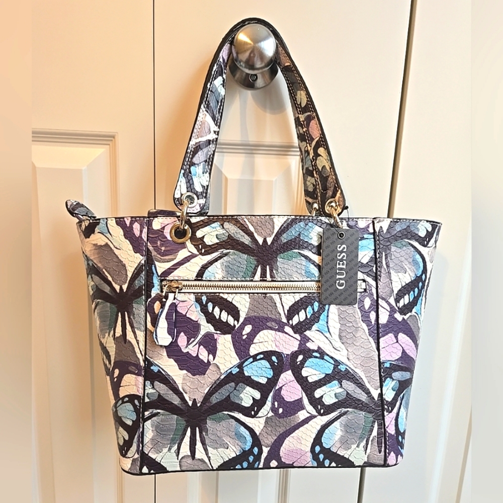 Guess Flutter Butterfly Blue Black Pink Large Purse/Bag NWT